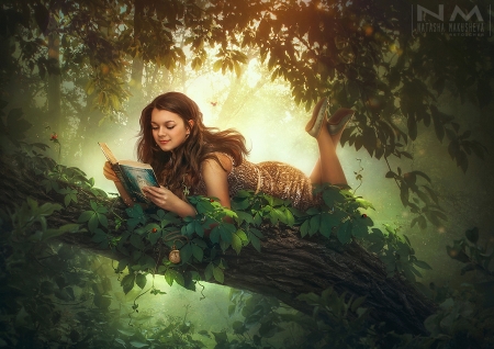 Girl - girl, makusheva, branch, book, fantasy, forest, luminos, green, tree