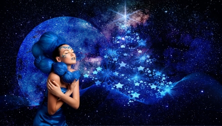 Celestial beauty - fantasy, blue, woman, model, girl, stars, creative