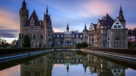 Scenic Reflection of Moszna Castle, Poland - nature, sky, lake, reflection, castle