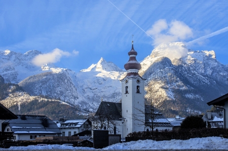 Village in Austrian Alps - sky, houses, church, snow, mountains