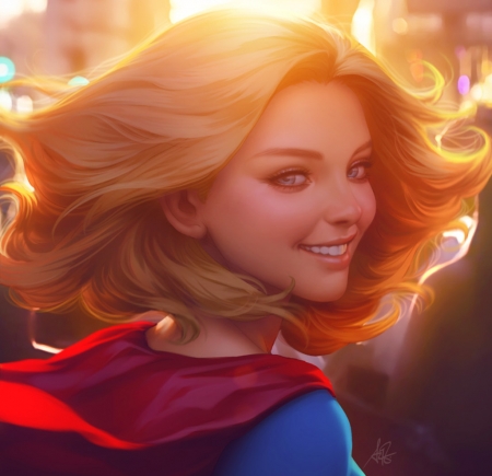 Supergirl - girl, frumusete, fantasy, face, bloned, comics, luminos, red, blue, smile, artgerm, supergirl