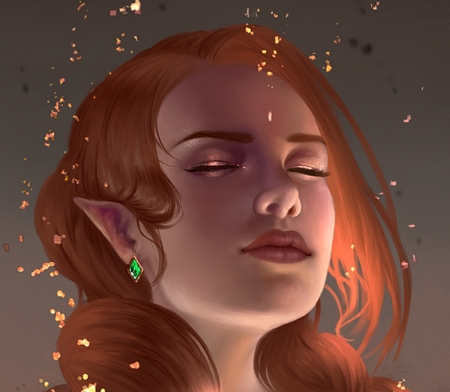 Elf girl - fantasy, aoleev, redhead, girl, face, jewel, luminos