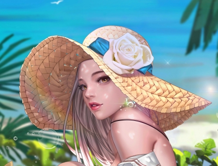 Girl - face, summer, flower, ben ben, palm, rose, water, beach, anime, blue, manga, fantasy, hat, sea, luminos, vara