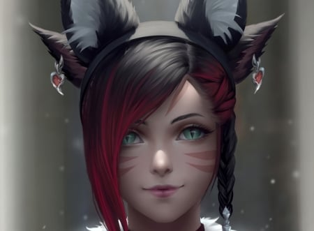 Fantasy girl - chubymi, ears, girl, eyes, cat, final fantasy, frumusete, black, fantasy, pisica, red, face, luminos