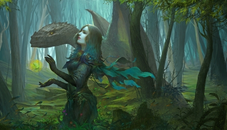 Dragon girl - fantasy, dragon, green, girl, forest, art, luminos