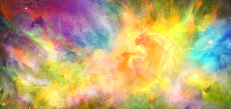 Grand Lion - grand lion, pink, yellow, blue, sky, rainbow, fantasy, era 7, luminos, green