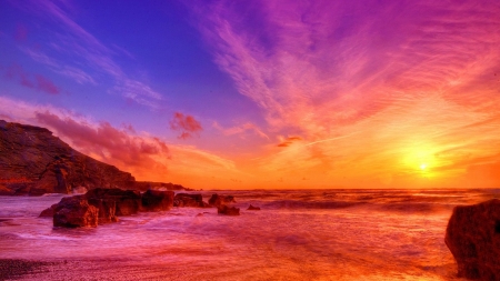 Shore at Sunset - clouds, shore, sunset, nature, sundown, beach, ocean, rocks