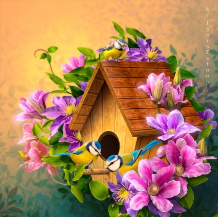 â™¥ - art, abstract, birdhouse, birds