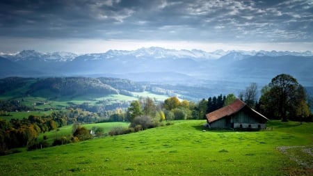 Little House on the Prairie - hill, house, prairie, trees, landscape, meadow, forest, nature, mountains