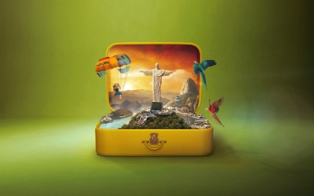 Rio de Janeiro Brasil - airplane, christ, yellow, summer, parrot, creative, orange, fantasy, green, brasil, rio de janeiro, suitcase, vara, luminos, statue