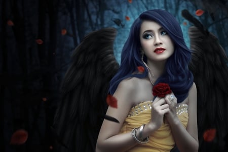 Angel - girl, angel, black, fantasy, petal, red, wings, rose, luminos