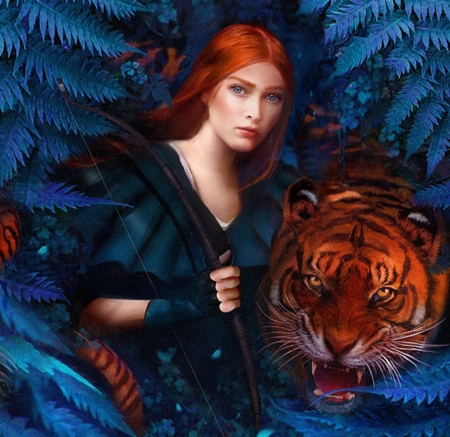 Fearful symmetry - redhead, girl, frumusete, fantasy, archer, tigru, benita winckler, art, luminos, blue, fearful symmetry, animal, orange, tiger