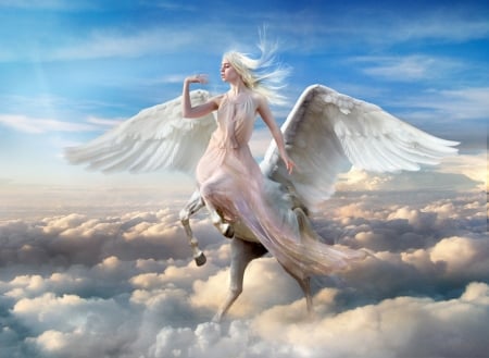 Winged centaur - cloud, feather, blonde, girl, blue, wings, white, sky, fantasy, centaur, feledby, luminos, angel