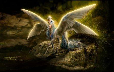 Fantasy horse - white, lunarblues, horse, luminos, wings, green, pegasus, fantasy