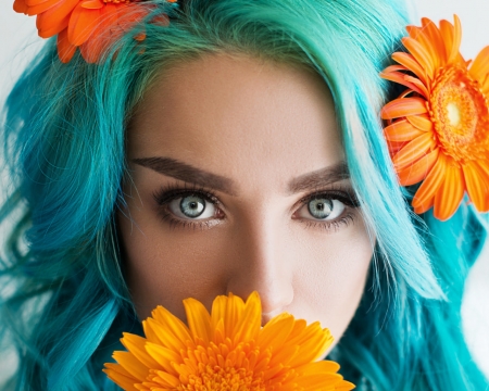 Beauty - summer, blue, girl, eye, flower, orange, woman, model, Tijana moraca, vara