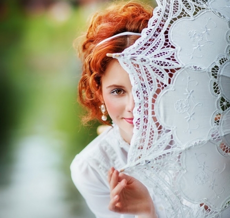 Hidding - summer, girl, olga boyko, white, umbrella, redhead, hand, parasol, woman, model, vara