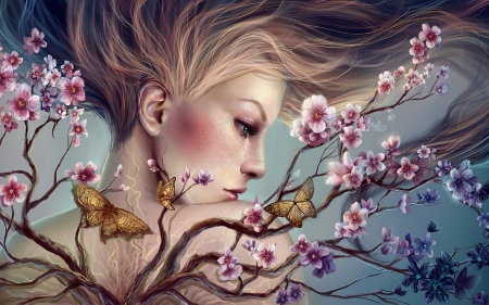 Spring - sakura, blue, blossom, cherry, girl, blonde, spring, pink, fantasy, woman, butterfly, tsyplakova alla, dreamy, luminos