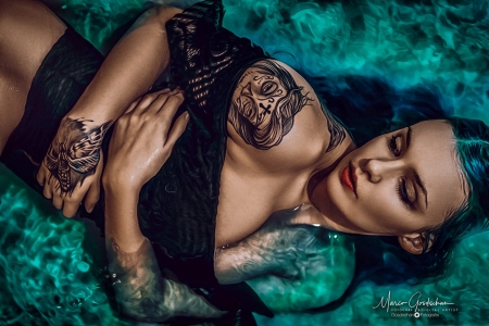 Beauty - woman, chaos isi, vara, girl, marco gosdschan, water, summer, black, model, tattoo, blue