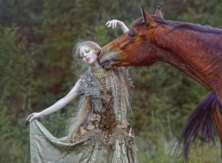 Beauty and the beast - agnieszka lorek, woman, kiss, horse, girl, cal, model