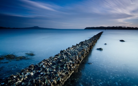 Rocky Trail Connecting the Shores - clouds, shore, Nature, beach, rocks, sky