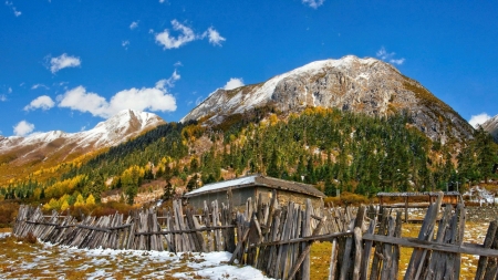 Farm at the End of Winter - trees, winter, nature, snow, forest, mountains, farm