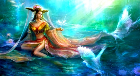 Oriental Princess - woman, lake, female, girl, fantasy, art, pretty, fine, beautiful, oriental, digital