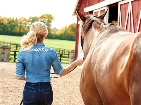 Headed In . . - women, fun, female, actors, western, cowgirl, style, outdoors, Reese Witherspoon, horses, blondes, barn, ranch, movies, corral