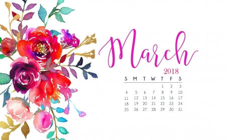 March 2018 - blue, calendar, flower, pink, 2018, watercolor, white, red, march, art