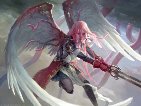 Gisela - girl, sword, feather, angel, pink, fantasy, white, wings, clint cearley, art, luminos