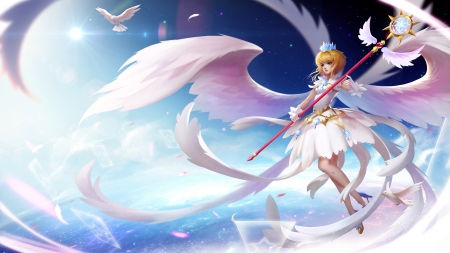 Angel - dove, girl, wings, frumusete, fantasy, bird, sakura kinomoto, pasate, white, pink, luminos, blue, anime, feather, manga