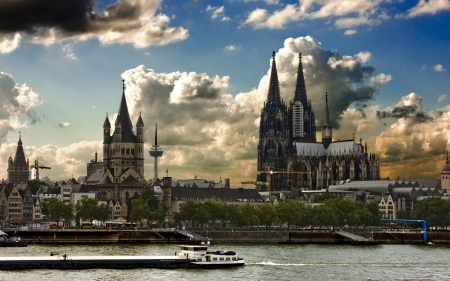 Castle in Germany - trees, ship, clouds, castle, river, city, towers, house, germany