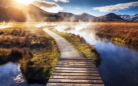 Mist Pathway - clouds, sunrise, grass, path, river, nature, mist, mountains, pathway