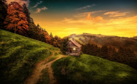 Cottage on the Slope - trees, landscape, slope, grass, fall, nature, mountains, cottage, sky