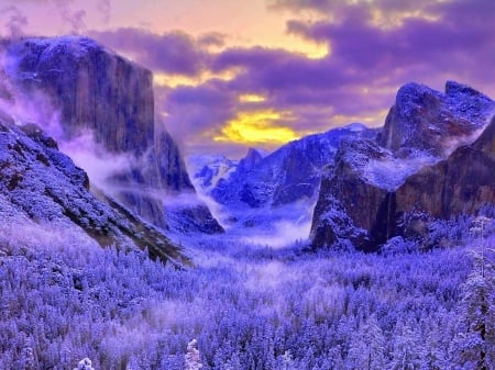 Yosemite National Park,California - clouds, trees, sunset, nature, snow, forest, mountains, park