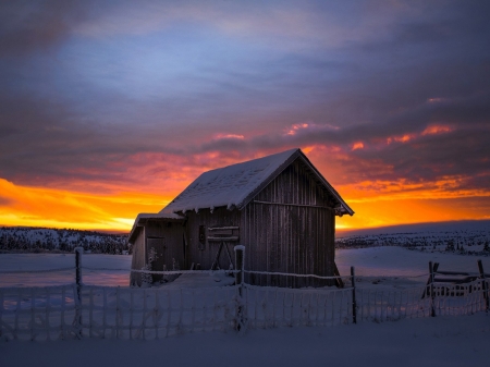 Winter Cottage - house, winter, sunset, Nature, landscape, snow, cottage, sky