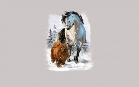 Friends - fantasy, animal, winter, lorri kajenna, dog, caine, art, horse