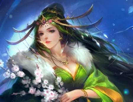 Princess - moon, girl, frumusete, fantasy, white, luminos, blue, hu mengyin, green, luna, flower