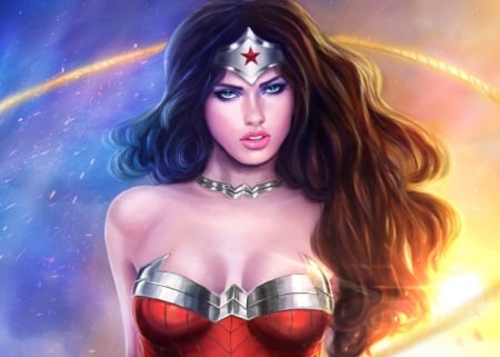 Wonder Woman - comics, yellow, blue, girl, magicnaanavi, wonder woman, fantasy, red, luminos