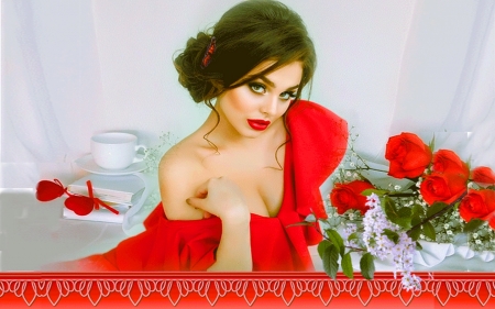 Red Rose Beauty - woman, sexy, feminine, roses, lovely, model, pretty, beautiful, red, brunette