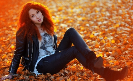 Beauty Redhead In Autumn - beauty, models, leaves, female, redhead, autumn