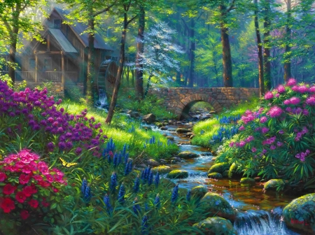 Spring renewal - greenery, renewal, lovely, spring, creek, art, pretty, forest, beautiful, bridge, wildflowers