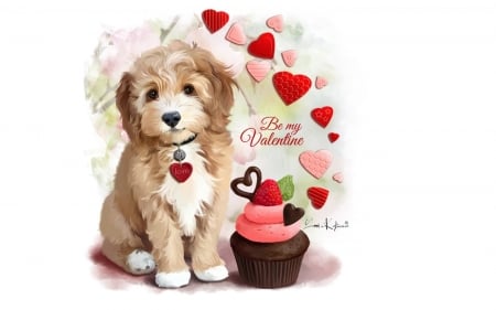 Happy Valentine's Day! - animal, cute, caine, lorri kajenna, sweet, puppy, art, dessert, valentine, heart, cupcake, food, dog