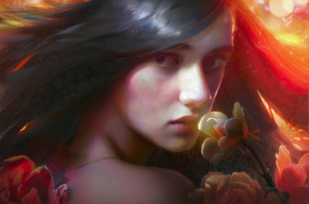 Burning sun - fantasy, red, girl, face, flower, art, christopher schiefer, luminos