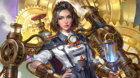 Steampunk girl - fantasy, yellow, blue, steampunk, jeremy chong, girl, luminos