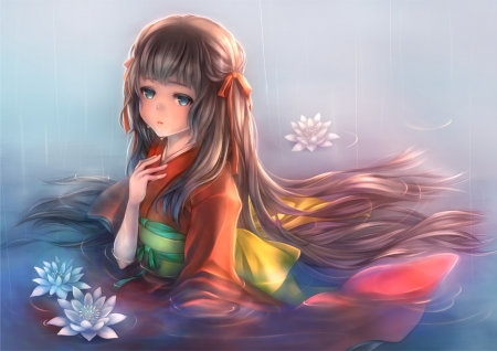 Girl - piyo7piyo9, lake, vara, girl, water, summer, lotus, coloful, anime, kimono, manga, flower