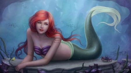 Ariel - redhead, vara, girl, water, frumusete, summer, fantasy, zolaida, mermaid, siren, luminos, blue, green, sea