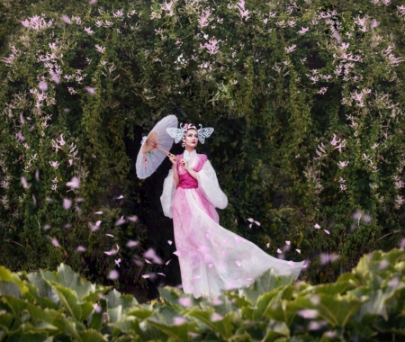 Geisha - geisha, girl, flower, pink, chervona vorona, umbrella, parasol, green, woman, model, asian