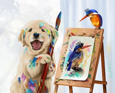 Vinton Van Gogh - funny, animal, cute, bird, caine, lorri kajenna, puppy, art, kingfisher, dog