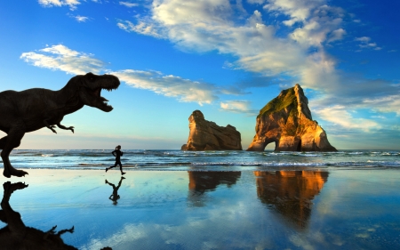 Out Jogging with a T-Rex - woman, nature, t-rex, beach, reflection