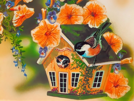 Cute little songbirds - beautiful, spring, sweet, birdhouse, flowers, songbirds, painting, cute, adorable, art